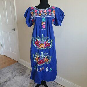 Vintage Orquidea Mexican Embroidered Dress M Blue Floral Cotton Boho Folk Oaxaca